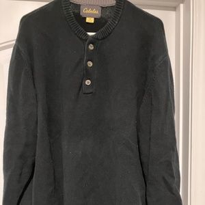 Preowned Cabela's Men's Black Sweater, Large, 1/4 button down front medium wgt